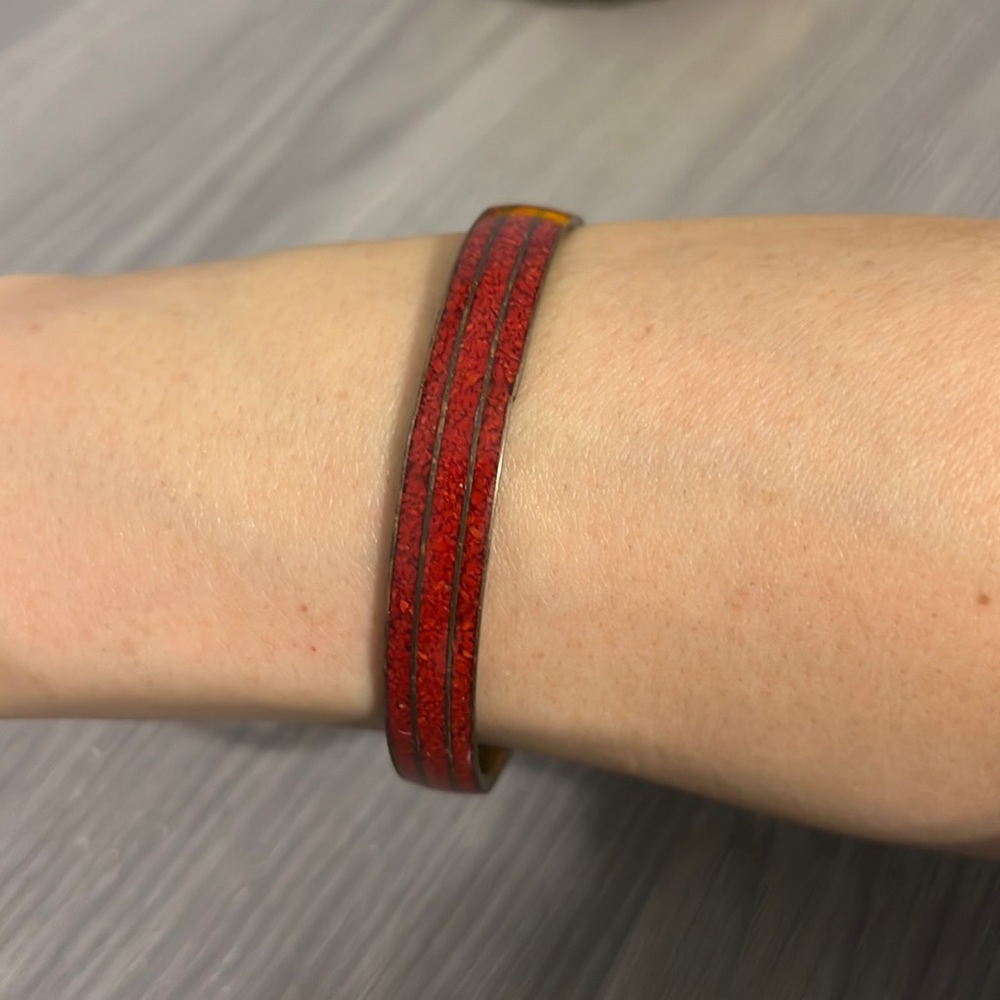Vintage Boho Gold and Red Metal Bangle with Gold Stripes